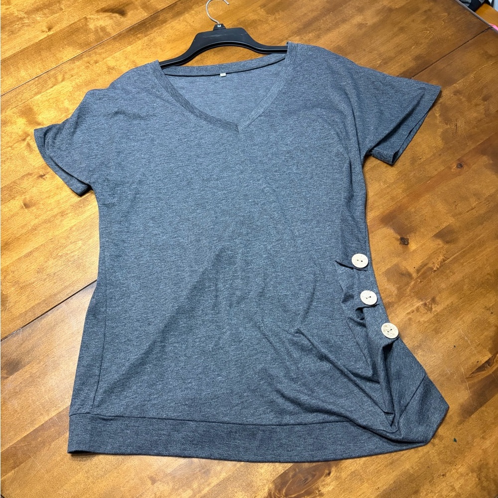 Gray V-Neck Button Detail Women's Top